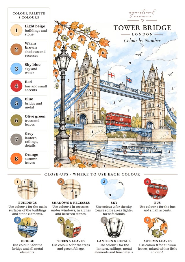 A colour guide with eight numbered colours
