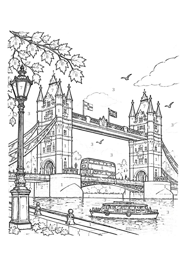 A colouring page of Tower Bridge with numbers