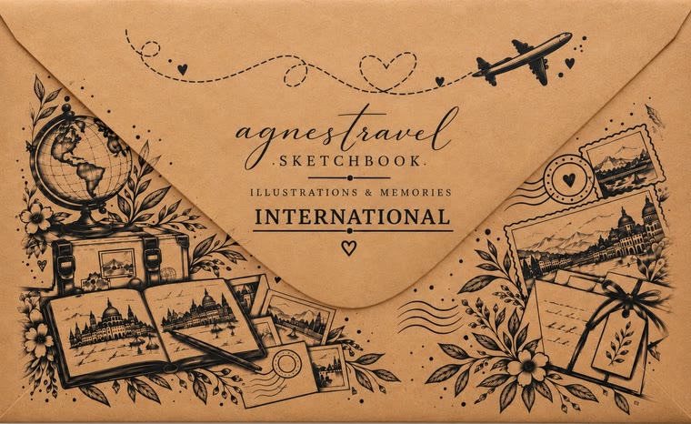 A kraft envelope with a suitcase, a globe, postcards and the agnestravel sketchbook logo